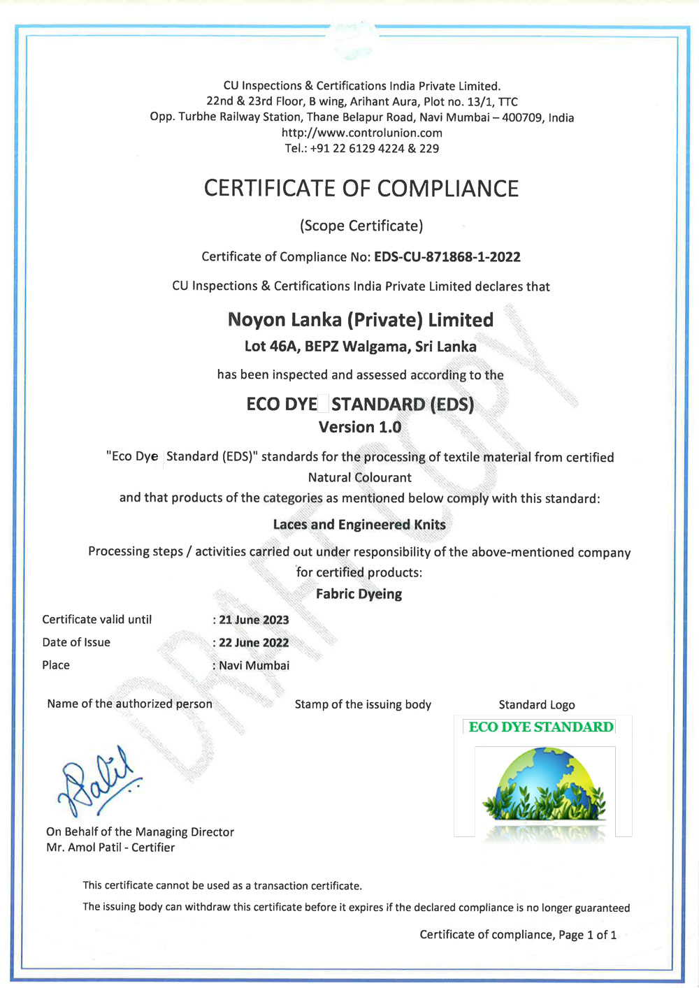 Eco Dye Standard certificate
